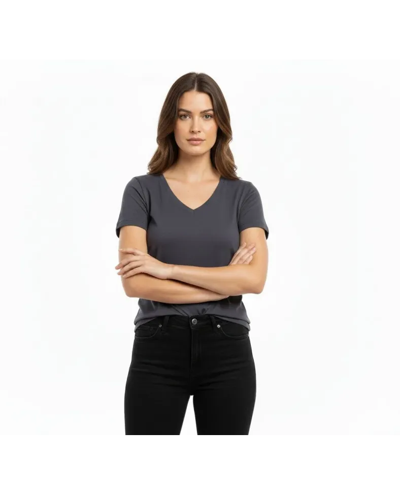 Kadın T-Shirt V Yaka Slim Fit Likralı Tişört Günlük Basic Body - Füme