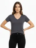 Kadın T-Shirt V Yaka Slim Fit Likralı Tişört Günlük Basic Body - Füme