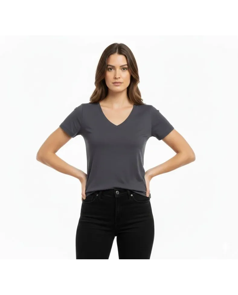 Kadın T-Shirt V Yaka Slim Fit Likralı Tişört Günlük Basic Body - Füme