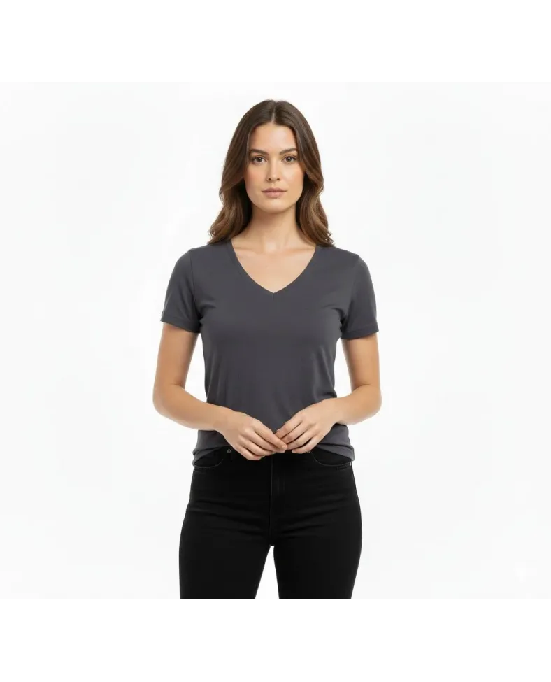 Kadın T-Shirt V Yaka Slim Fit Likralı Tişört Günlük Basic Body - Füme