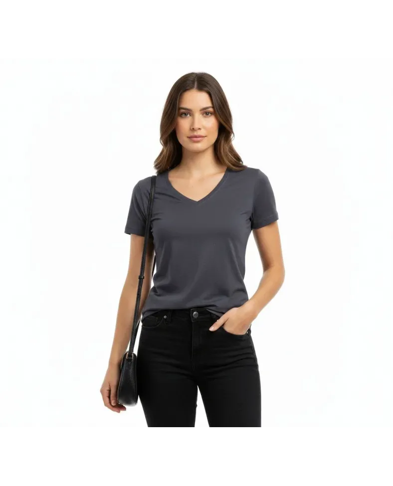 Kadın T-Shirt V Yaka Slim Fit Likralı Tişört Günlük Basic Body - Füme