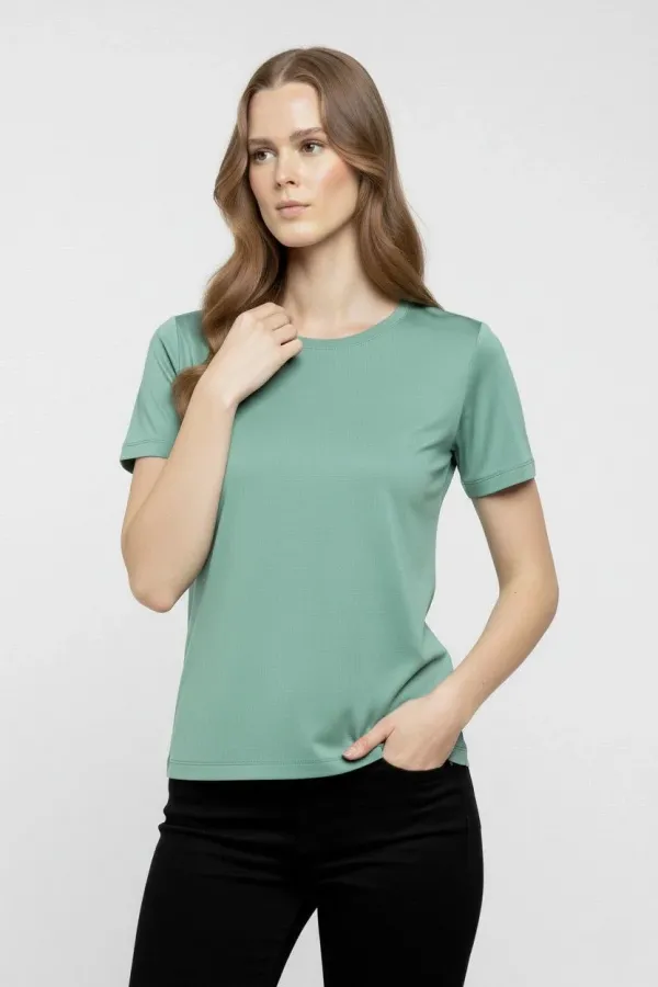 Kadın T-Shirt Bisiklet Yaka Slim Fit Likralı Tişört Yazlık Basic Body - Mint Yeşili