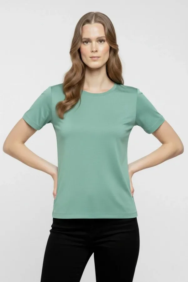 Kadın T-Shirt Bisiklet Yaka Slim Fit Likralı Tişört Yazlık Basic Body - Mint Yeşili