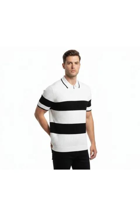 Erkek T-shirt Çizgili Triko Dokuma Kumaş Polo Yaka Yarım Fermuarlı Regular Kalıp Tişört - Beyaz