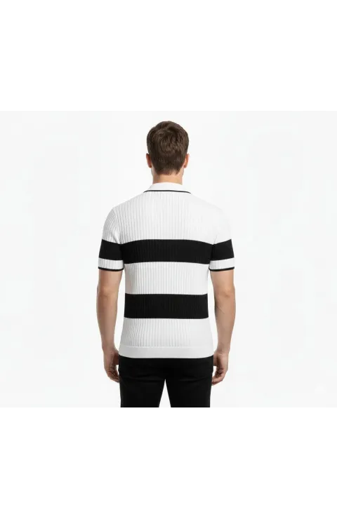 Erkek T-shirt Çizgili Triko Dokuma Kumaş Polo Yaka Yarım Fermuarlı Regular Kalıp Tişört - Beyaz