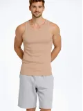 Erkek Spor Slimfit Fitilli Kaşkorse Arka Basklı Atlet 2'li Set Kahverengi-Beyaz