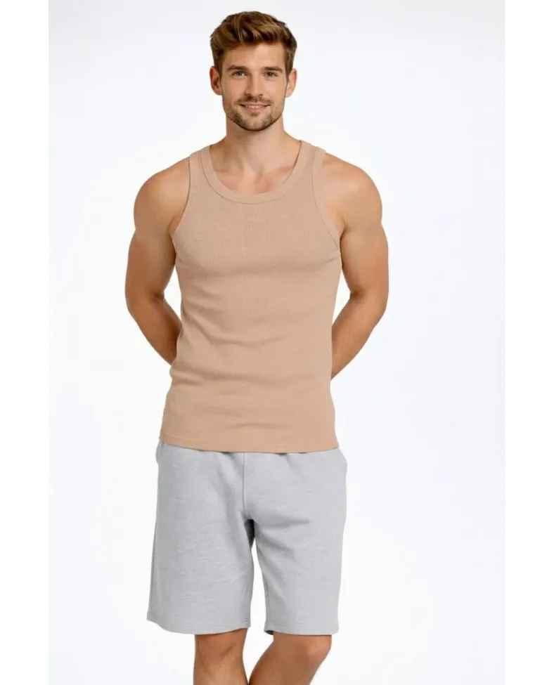 Erkek Spor Slimfit Fitilli Kaşkorse Arka Basklı Atlet 2'li Set Kahverengi-Beyaz