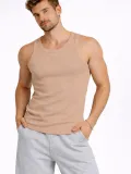 Erkek Spor Slimfit Fitilli Kaşkorse Arka Basklı Atlet 2'li Set Kahverengi-Beyaz