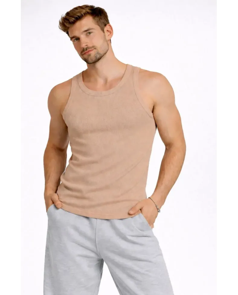 Erkek Spor Slimfit Fitilli Kaşkorse Arka Basklı Atlet 2'li Set Kahverengi-Beyaz