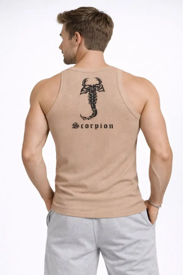 Erkek Spor Slimfit Fitilli Kaşkorse Arka Basklı Atlet 2'li Set Kahverengi-Beyaz