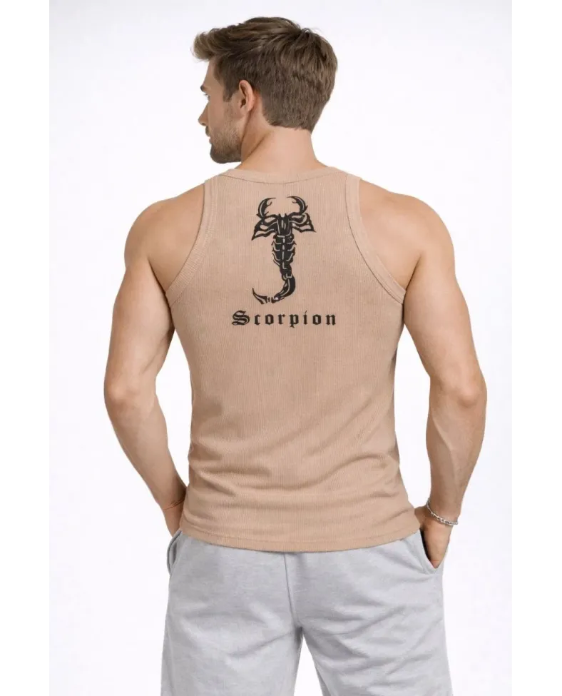 Erkek Spor Slimfit Fitilli Kaşkorse Arka Basklı Atlet 2'li Set Kahverengi-Beyaz
