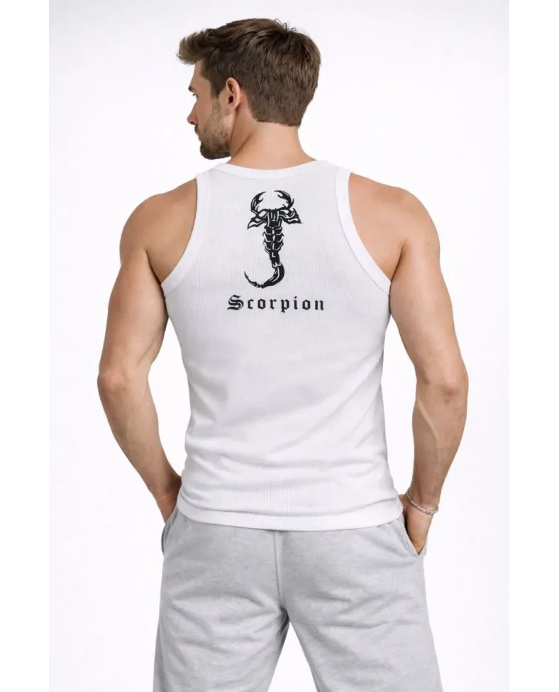 Erkek Spor Slimfit Fitilli Kaşkorse Arka Basklı Atlet 2'li Set Kahverengi-Beyaz