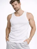 Erkek Spor Slimfit Fitilli Kaşkorse Arka Basklı Atlet 2'li Set Kahverengi-Beyaz