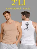 Erkek Spor Slimfit Fitilli Kaşkorse Arka Basklı Atlet 2'li Set Kahverengi-Beyaz