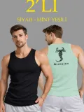 Erkek Spor Fitilli Atlet 2'li Set Siyah ve Mint Yeşili Slim Fit Kaşkorse Arka Baskılı Spor Atlet