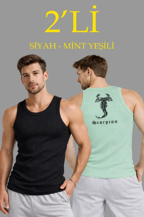 Erkek Spor Fitilli Atlet 2'li Set Siyah ve Mint Yeşili Slim Fit Kaşkorse Arka Baskılı Spor Atlet