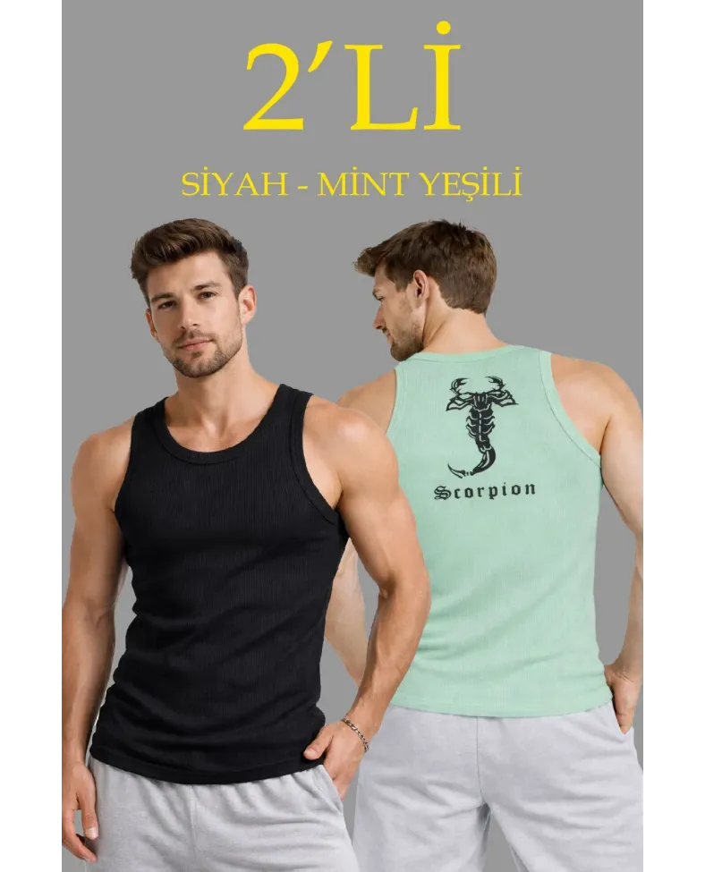 Erkek Spor Fitilli Atlet 2'li Set Siyah ve Mint Yeşili Slim Fit Kaşkorse Arka Baskılı Spor Atlet