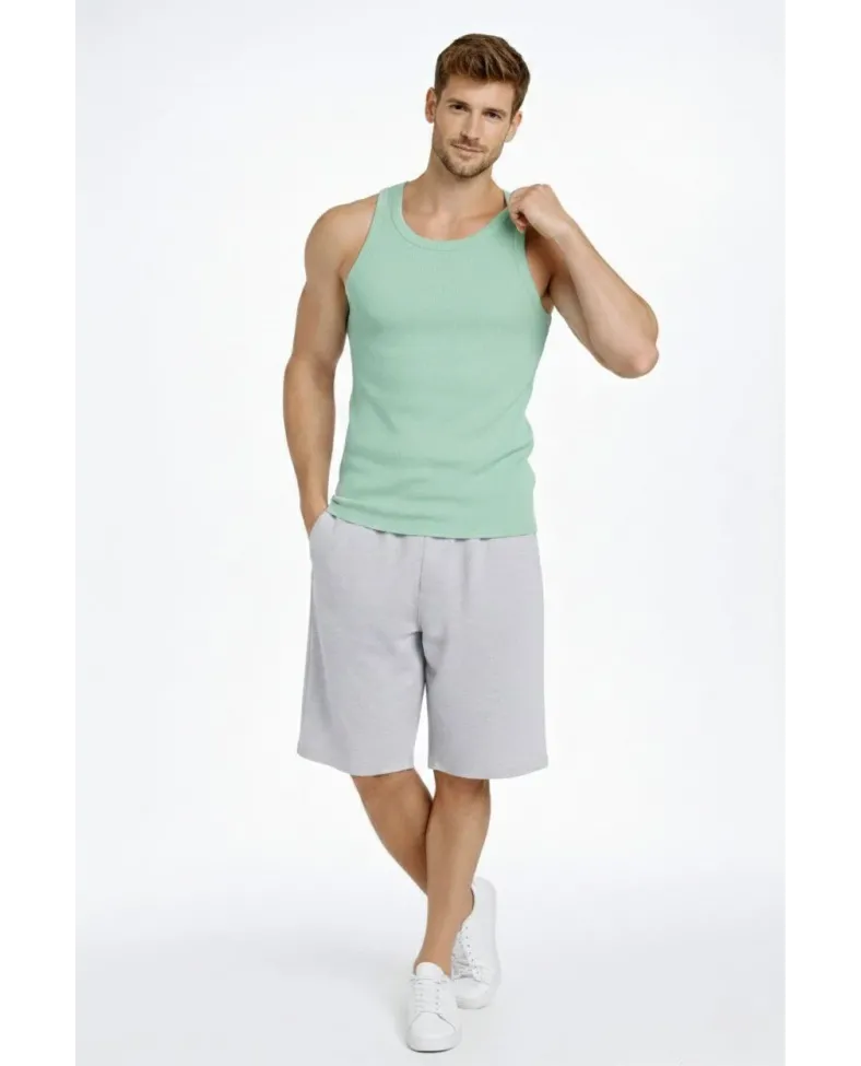 Erkek Spor Fitilli Atlet 2'li Set Siyah ve Mint Yeşili Slim Fit Kaşkorse Arka Baskılı Spor Atlet