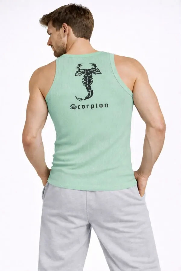 Erkek Spor Fitilli Atlet 2'li Set Siyah ve Mint Yeşili Slim Fit Kaşkorse Arka Baskılı Spor Atlet