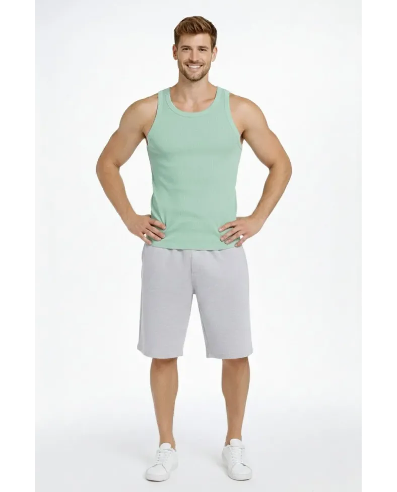 Erkek Spor Fitilli Atlet 2'li Set Siyah ve Mint Yeşili Slim Fit Kaşkorse Arka Baskılı Spor Atlet