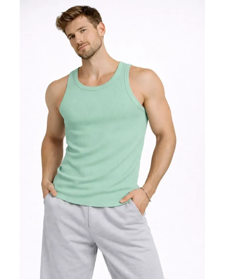 Erkek Spor Fitilli Atlet 2'li Set Siyah ve Mint Yeşili Slim Fit Kaşkorse Arka Baskılı Spor Atlet