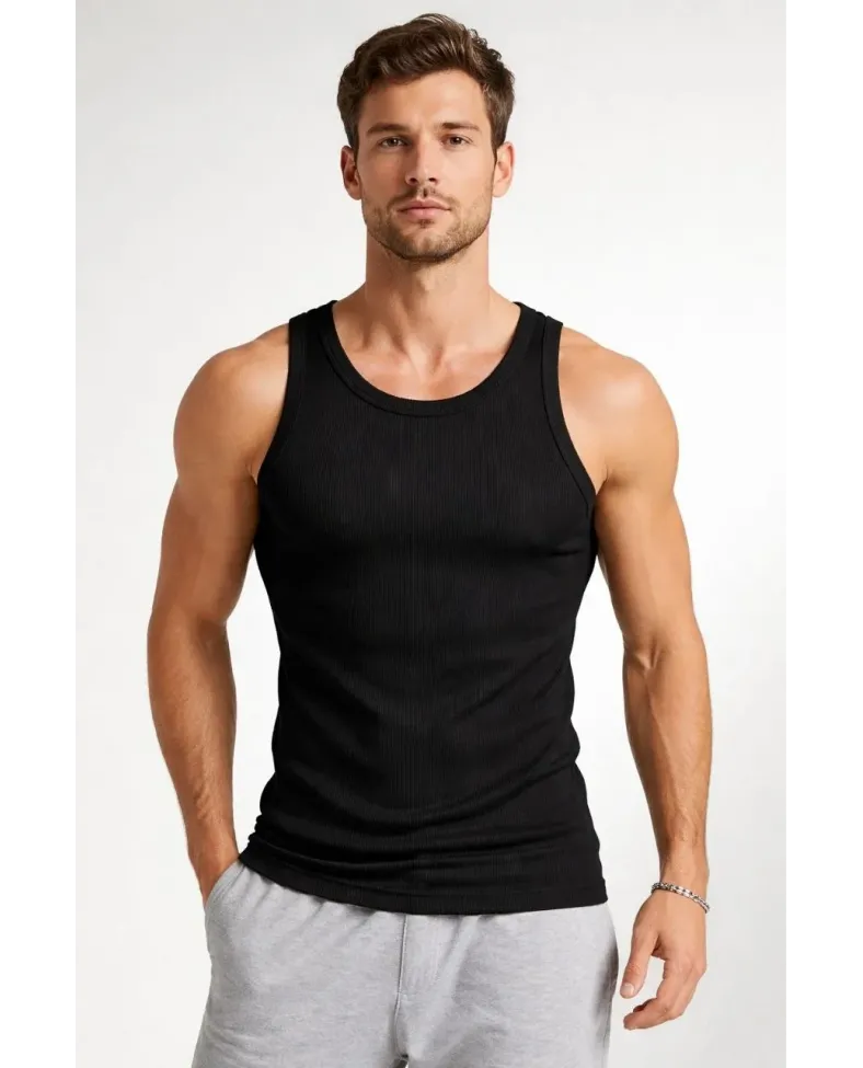 Erkek Spor Fitilli Atlet 2'li Set Siyah ve Mint Yeşili Slim Fit Kaşkorse Arka Baskılı Spor Atlet