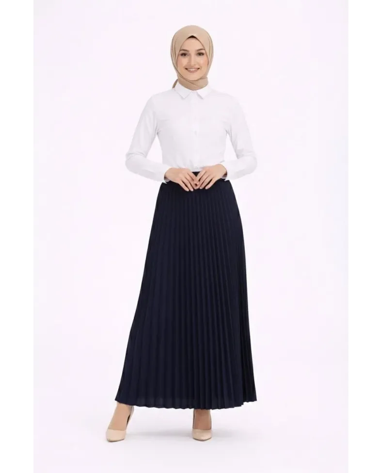 Tesettür Beyaz Gömlekli Pliseli Etek İkili Takım Gündelik ve Ofis Şıklığı - Lacivert Somersan Giyim | Kadın, Erkek ve Çocuk Moda