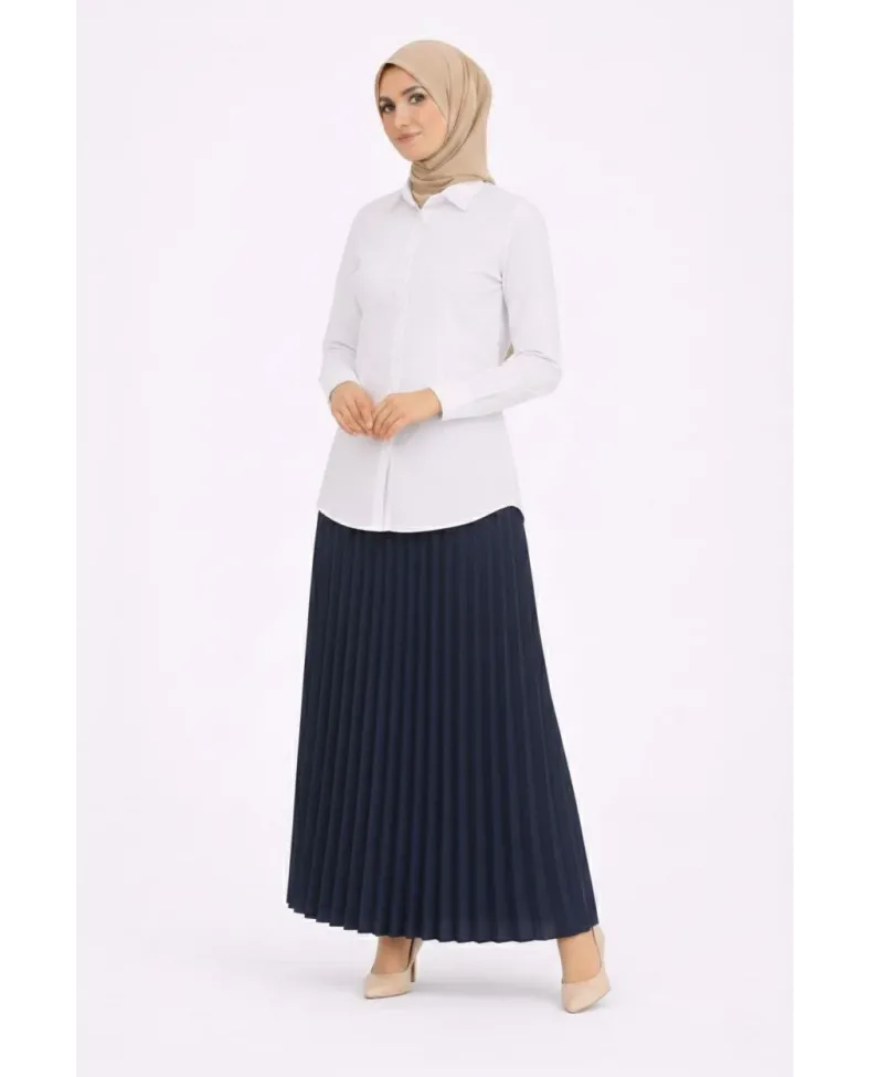 Tesettür Beyaz Gömlekli Pliseli Etek İkili Takım Gündelik ve Ofis Şıklığı - Lacivert Somersan Giyim | Kadın, Erkek ve Çocuk Moda