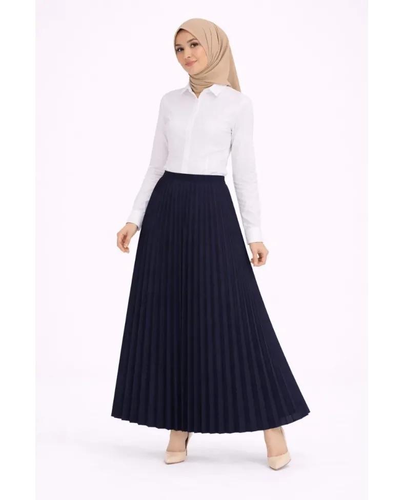 Tesettür Beyaz Gömlekli Pliseli Etek İkili Takım Gündelik ve Ofis Şıklığı - Lacivert Somersan Giyim | Kadın, Erkek ve Çocuk Moda