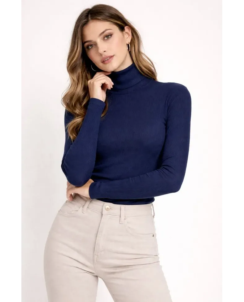 Kadın Tam Boğazlı Fitilli Likrali Kaşkorse Badi İnce Uzun Kollu Kazak - Lacivert