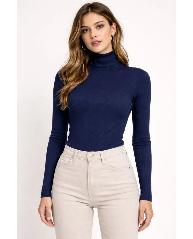 Kadın Tam Boğazlı Fitilli Likrali Kaşkorse Badi İnce Uzun Kollu Kazak - Lacivert