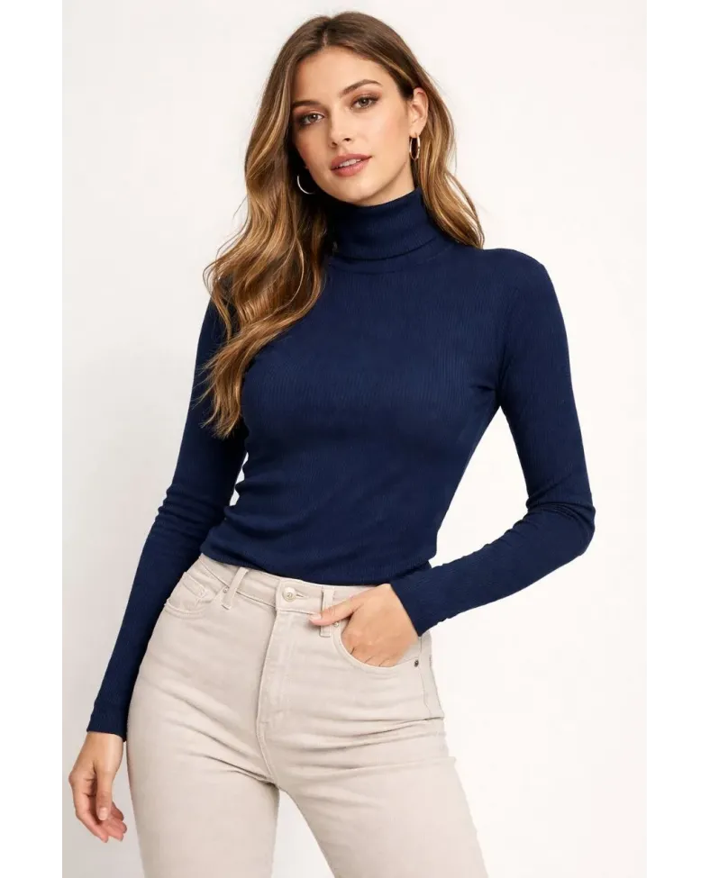 Kadın Tam Boğazlı Fitilli Likrali Kaşkorse Badi İnce Uzun Kollu Kazak - Lacivert