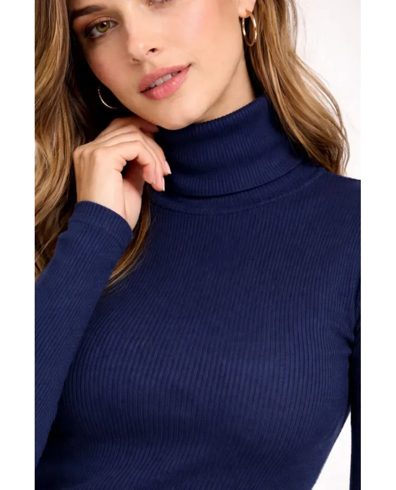 Kadın Tam Boğazlı Fitilli Likrali Kaşkorse Badi İnce Uzun Kollu Kazak - Lacivert