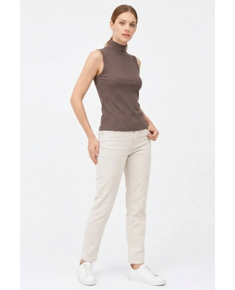 Kadın Yarım Balıkçı Yaka Fitilli Kaşkorse Atlet Basic Şık Bluz Badi - Kahverengi