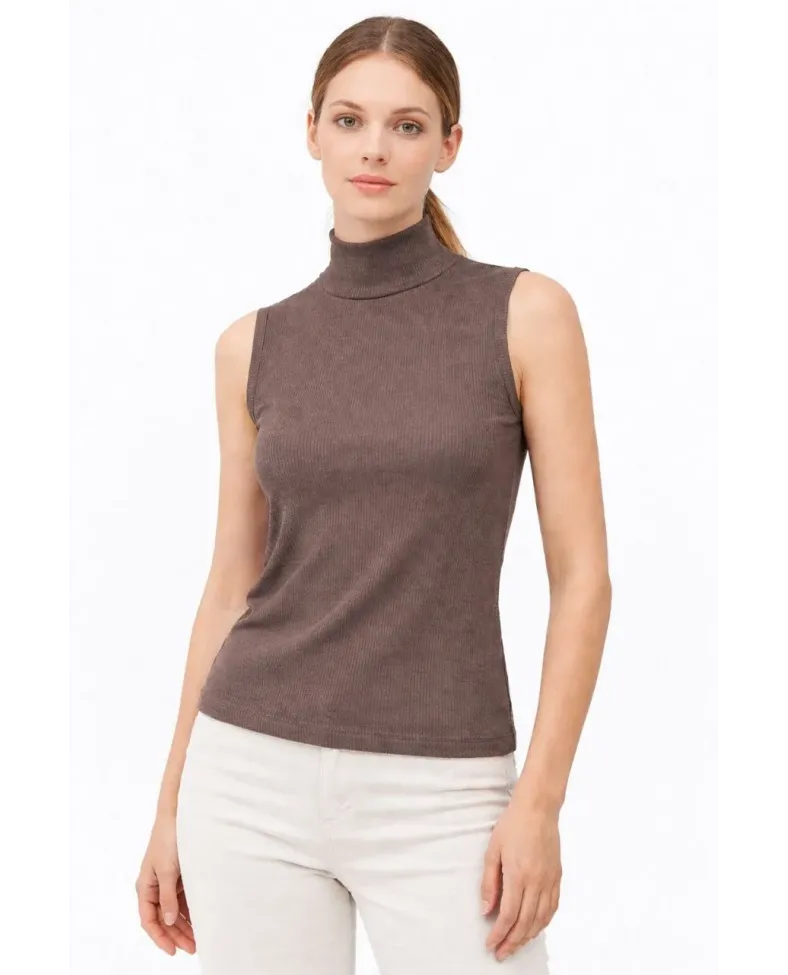 Kadın Yarım Balıkçı Yaka Fitilli Kaşkorse Atlet Basic Şık Bluz Badi - Kahverengi