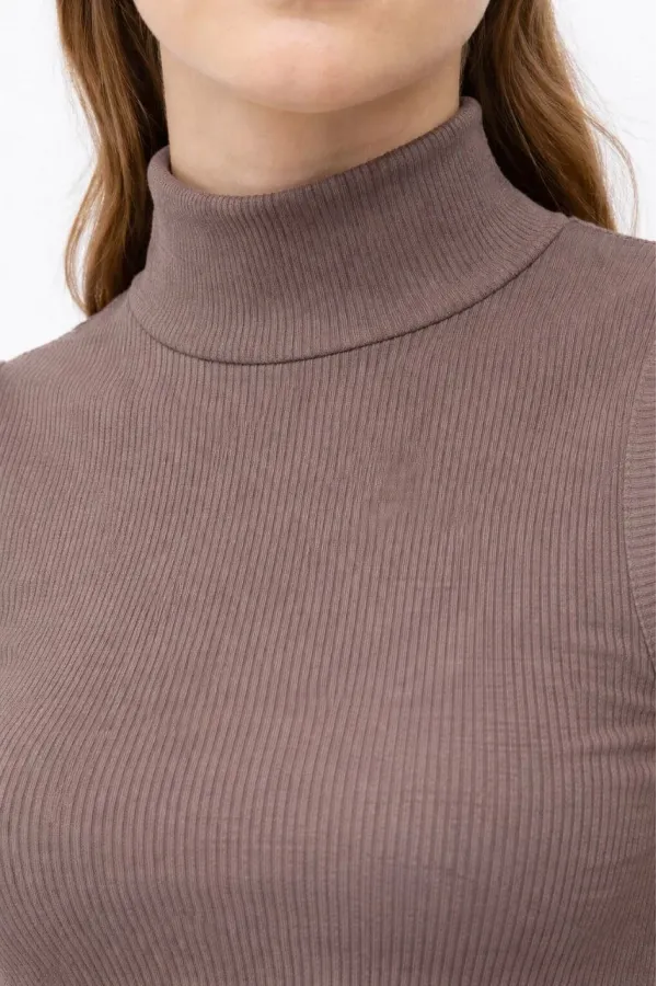 Kadın Yarım Balıkçı Yaka Fitilli Kaşkorse Atlet Basic Şık Bluz Badi - Kahverengi