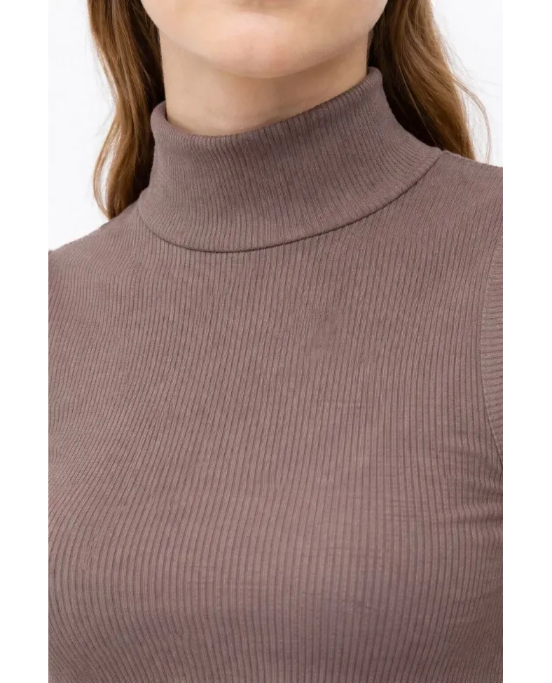 Kadın Yarım Balıkçı Yaka Fitilli Kaşkorse Atlet Basic Şık Bluz Badi - Kahverengi