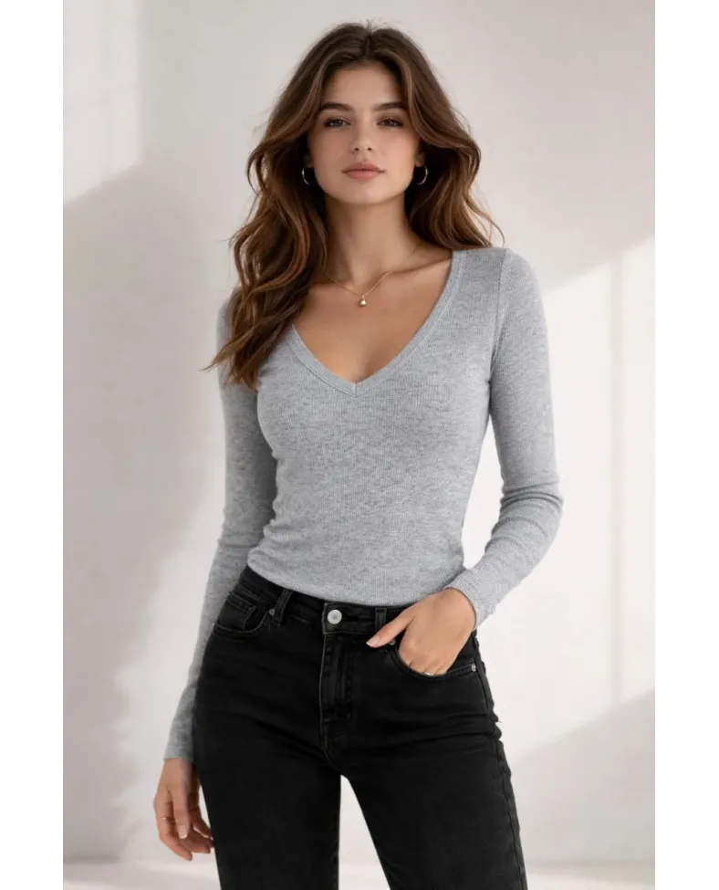 Kadın Fitilli Kaşkorse V Yaka Uzun Kollu Body Bluz Slim Fit - Gri