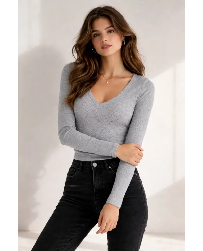 Kadın Fitilli Kaşkorse V Yaka Uzun Kollu Body Bluz Slim Fit - Gri