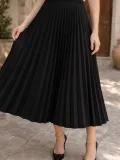 Kadın 90 Cm Saten Kumaş Pliseli Midi Etek Şık ve Zarif Tasarım - Siyah