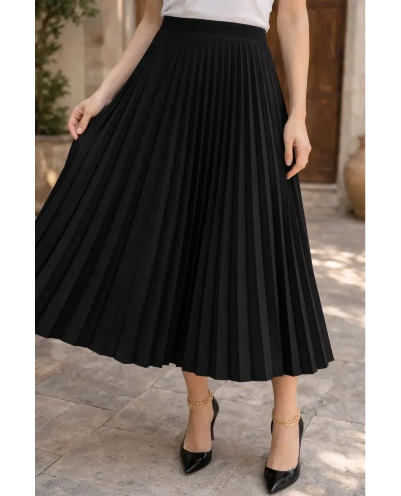 Kadın 90 Cm Saten Kumaş Pliseli Midi Etek Şık ve Zarif Tasarım - Siyah