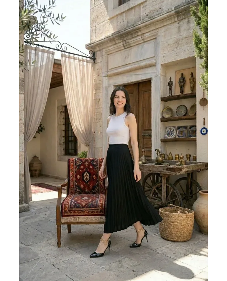 Kadın 90 Cm Saten Kumaş Pliseli Midi Etek Şık ve Zarif Tasarım - Siyah