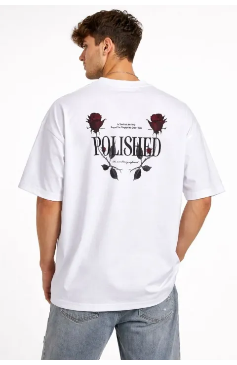 Erkek Bisiklet Yaka Baskılı Kısa Kollu Tişört Streetwear Günlük Basic Pamuklu T-shirt - Beyaz