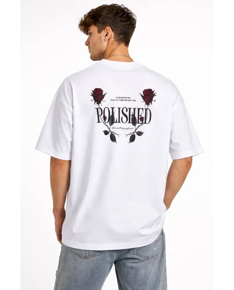 Erkek Bisiklet Yaka Baskılı Kısa Kollu Tişört Streetwear Günlük Basic Pamuklu T-shirt - Beyaz