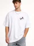 Erkek Bisiklet Yaka Baskılı Kısa Kollu Tişört Streetwear Günlük Basic Pamuklu T-shirt - Beyaz