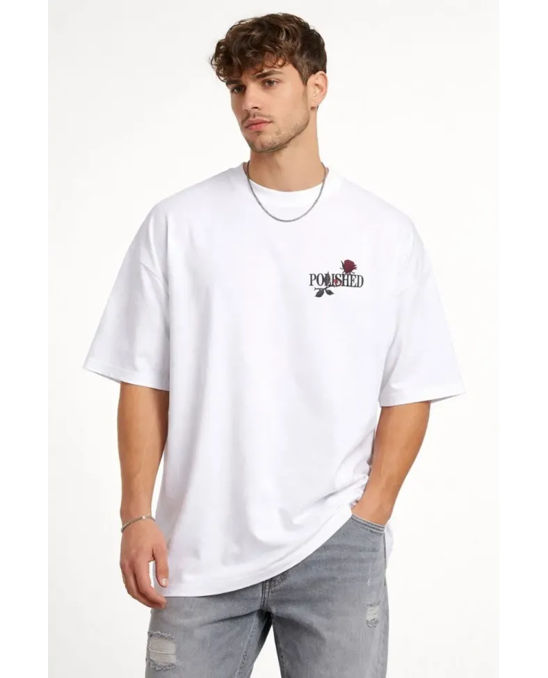Erkek Bisiklet Yaka Baskılı Kısa Kollu Tişört Streetwear Günlük Basic Pamuklu T-shirt - Beyaz