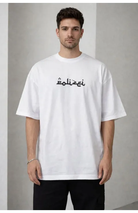 Erkek Bisiklet Yaka Baskılı Kısa Kollu Tişört Streetwear Günlük Basic Pamuklu T-shirt - Beyaz