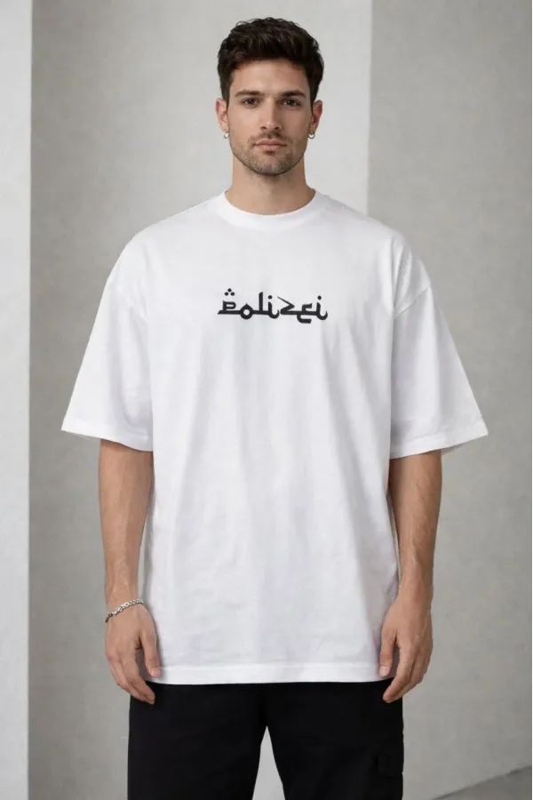 Erkek Bisiklet Yaka Baskılı Kısa Kollu Tişört Streetwear Günlük Basic Pamuklu T-shirt - Beyaz
