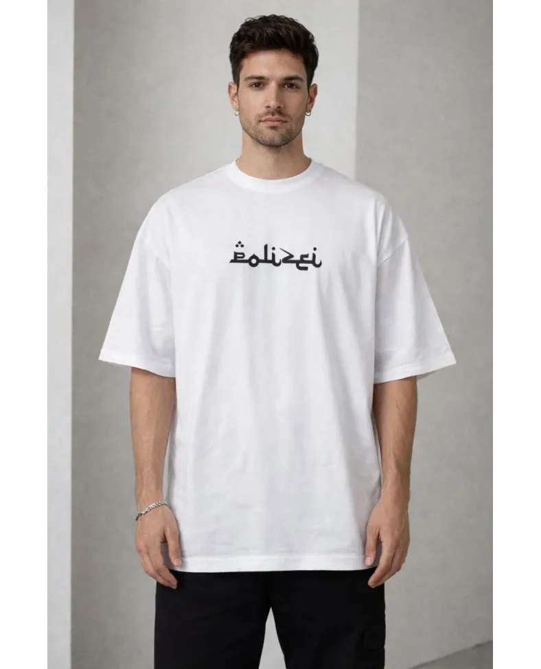 Erkek Bisiklet Yaka Baskılı Kısa Kollu Tişört Streetwear Günlük Basic Pamuklu T-shirt - Beyaz