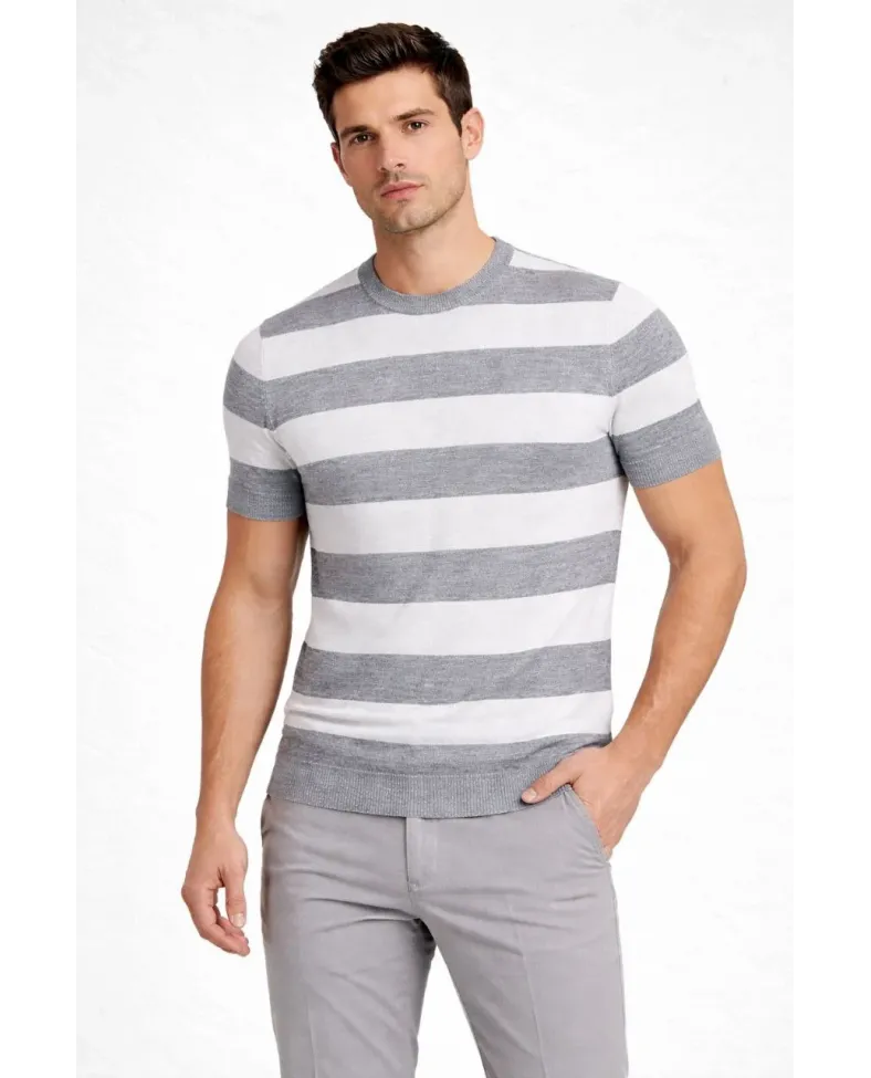 Erkek T-shirt Çizgili Triko Dokuma Bisiklet Yaka Tişört - Gri